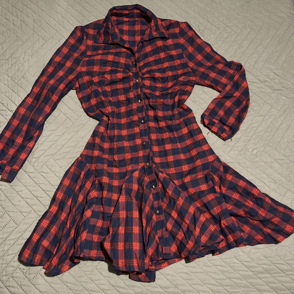 Red Ruffle Buffalo Check Flannel Swing Dress Womens Juniors Medium Tartan Plaid